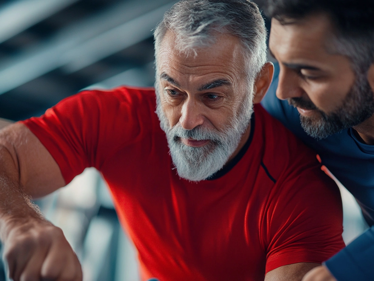 Тренер допомагає пенсіонеру виконувати вправу