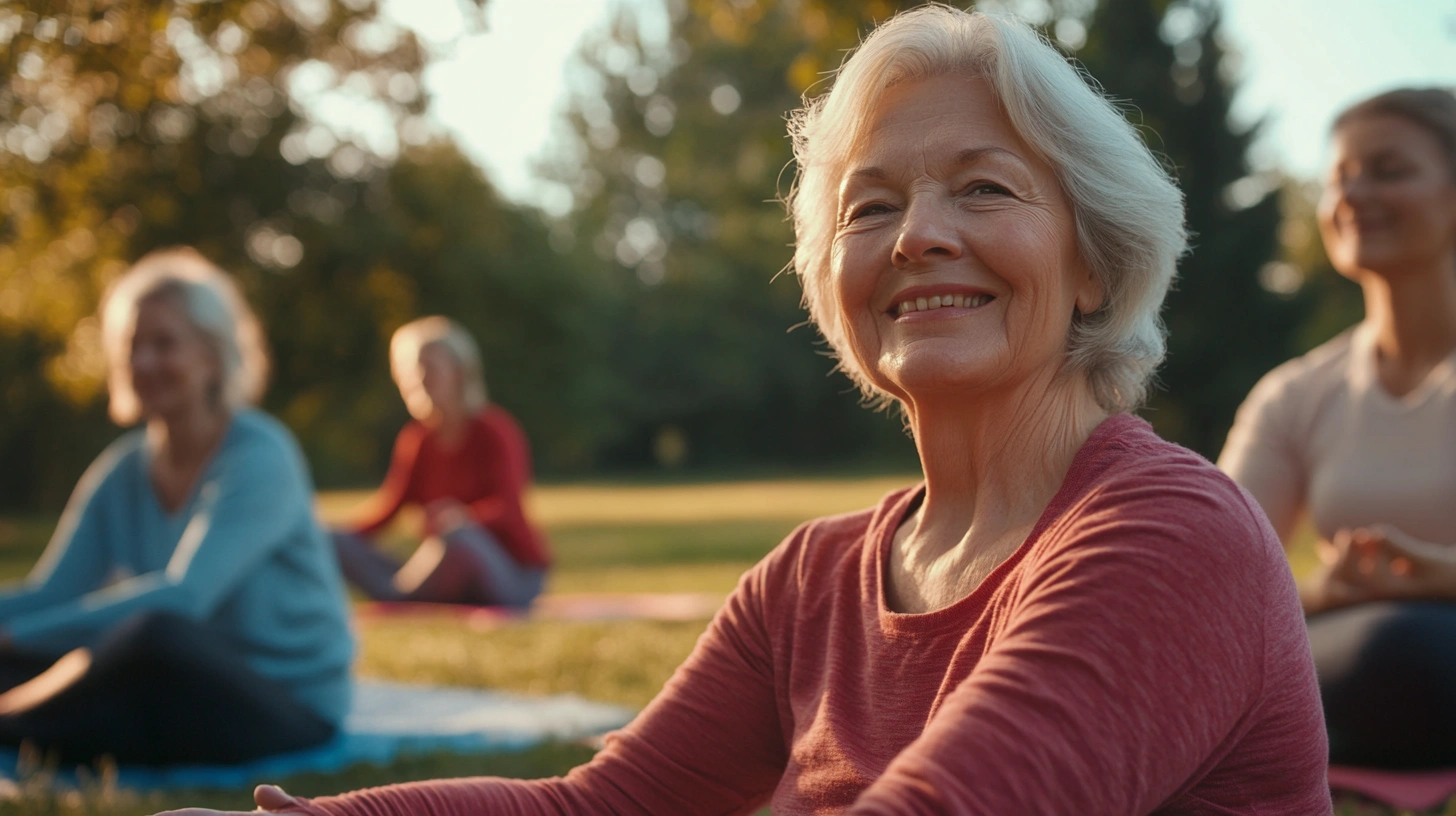 Пенсіонери займаються йогою на свіжому повітрі