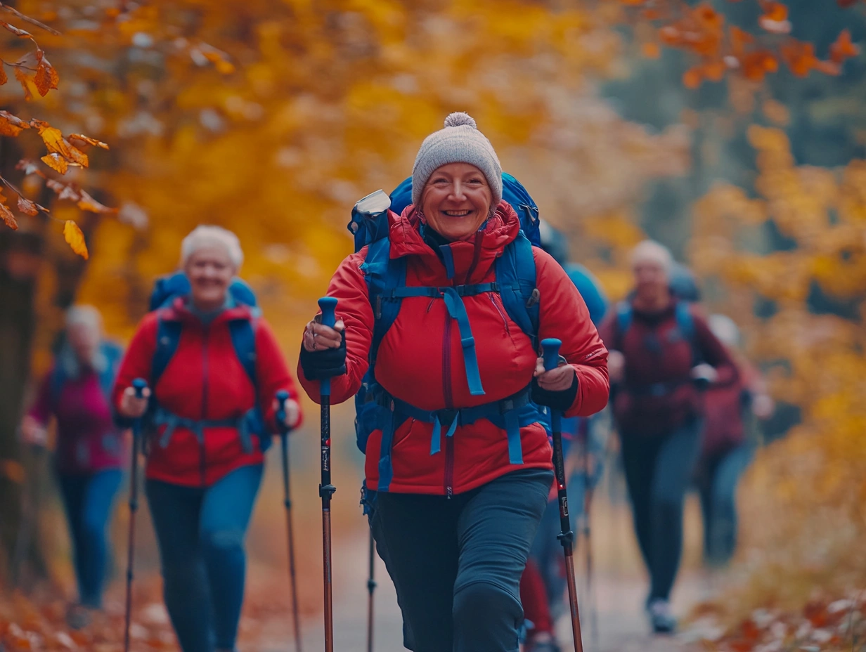 Група пенсіонерів на скандинавській ходьбі в парку