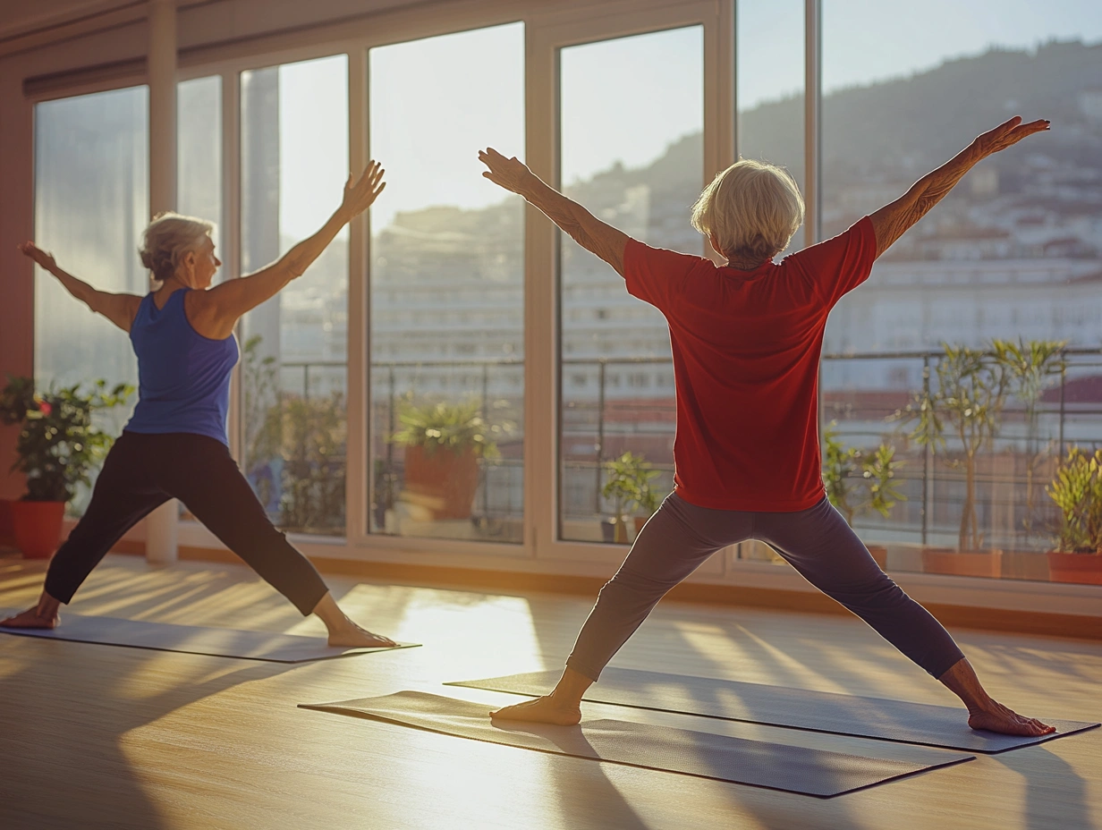 Група пенсіонерів займається йогою в залі